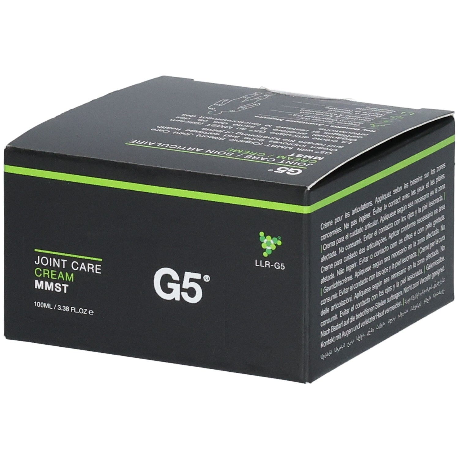 Boîte noire avec accents verts. Inscription : JOINT CARE CREAM MMST, G5. Logo LLR-G5.