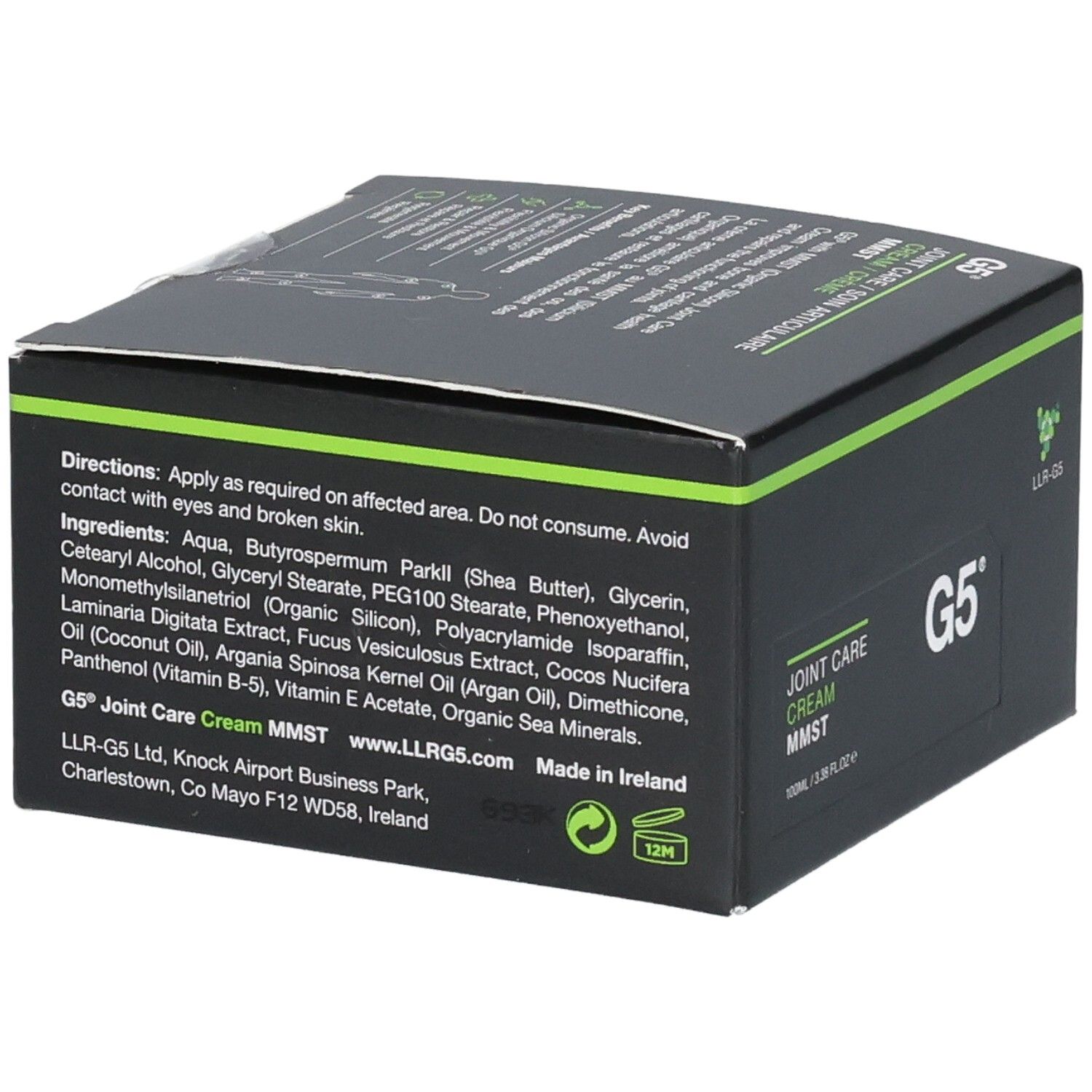 Boîte noire avec accents verts. Contient ingrédients et instructions. Inscription : JOINT CARE CREAM MMST, G5.