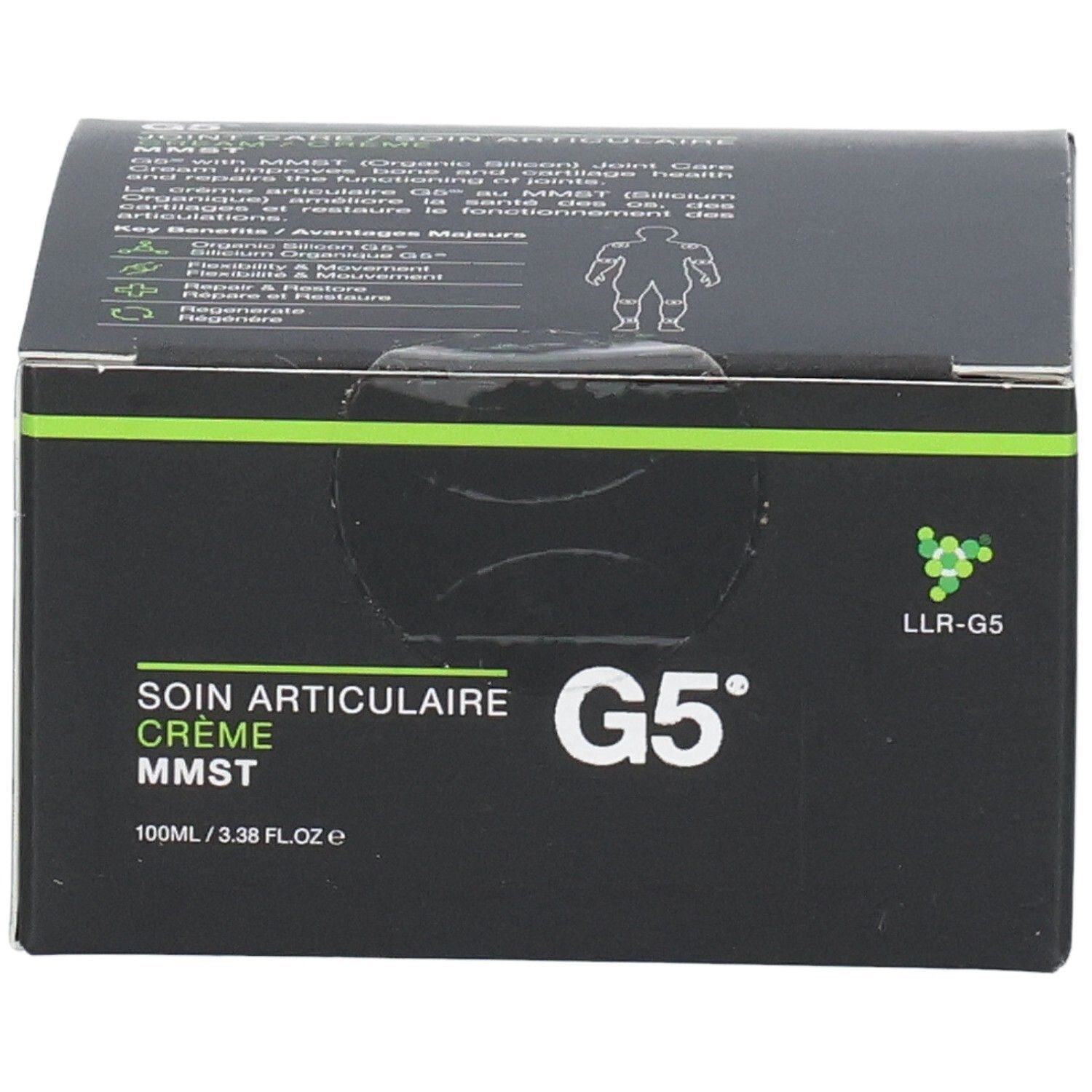 Boîte noire avec accents verts. Inscription : SOIN ARTICULAIRE CRÈME MMST, G5. Logo LLR-G5. Illustration d'une personne.