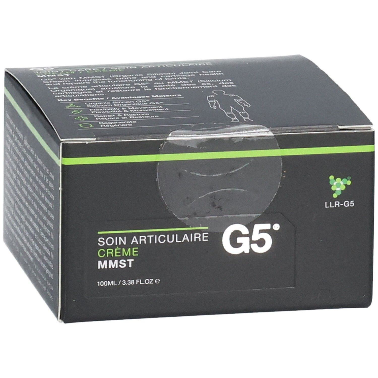Boîte noire avec accents verts. Inscription : SOIN ARTICULAIRE CRÈME MMST, G5. Logo LLR-G5. Autocollant transparent.