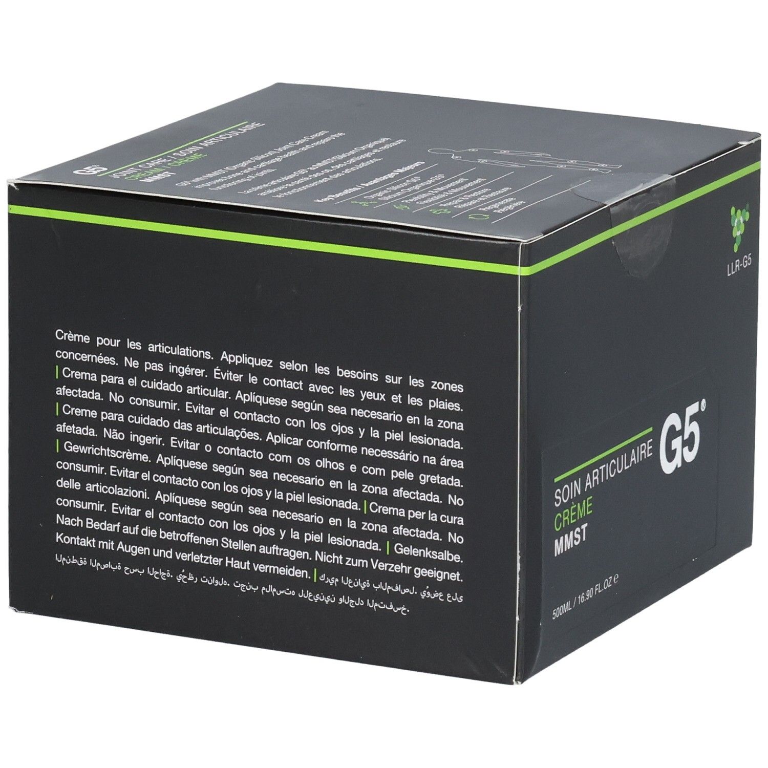 Boîte noire avec accents verts. Texte multilingue. Inscription : SOIN ARTICULAIRE CRÈME MMST G5. 500ml/16.90 fl.oz e.