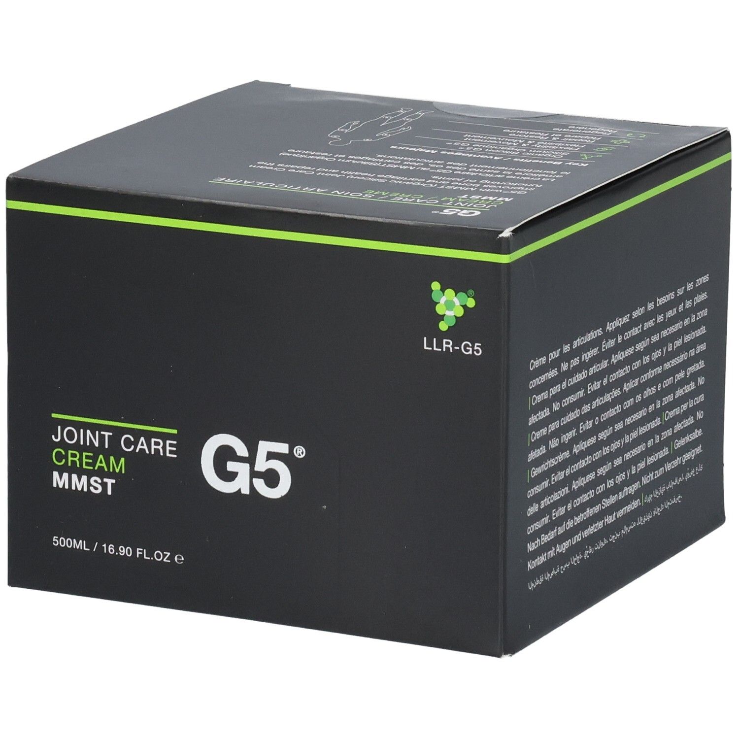 Boîte noire avec accents verts. Inscription : JOINT CARE CREAM MMST G5. 500ml/16.90 fl.oz e. Logo LLR-G5.