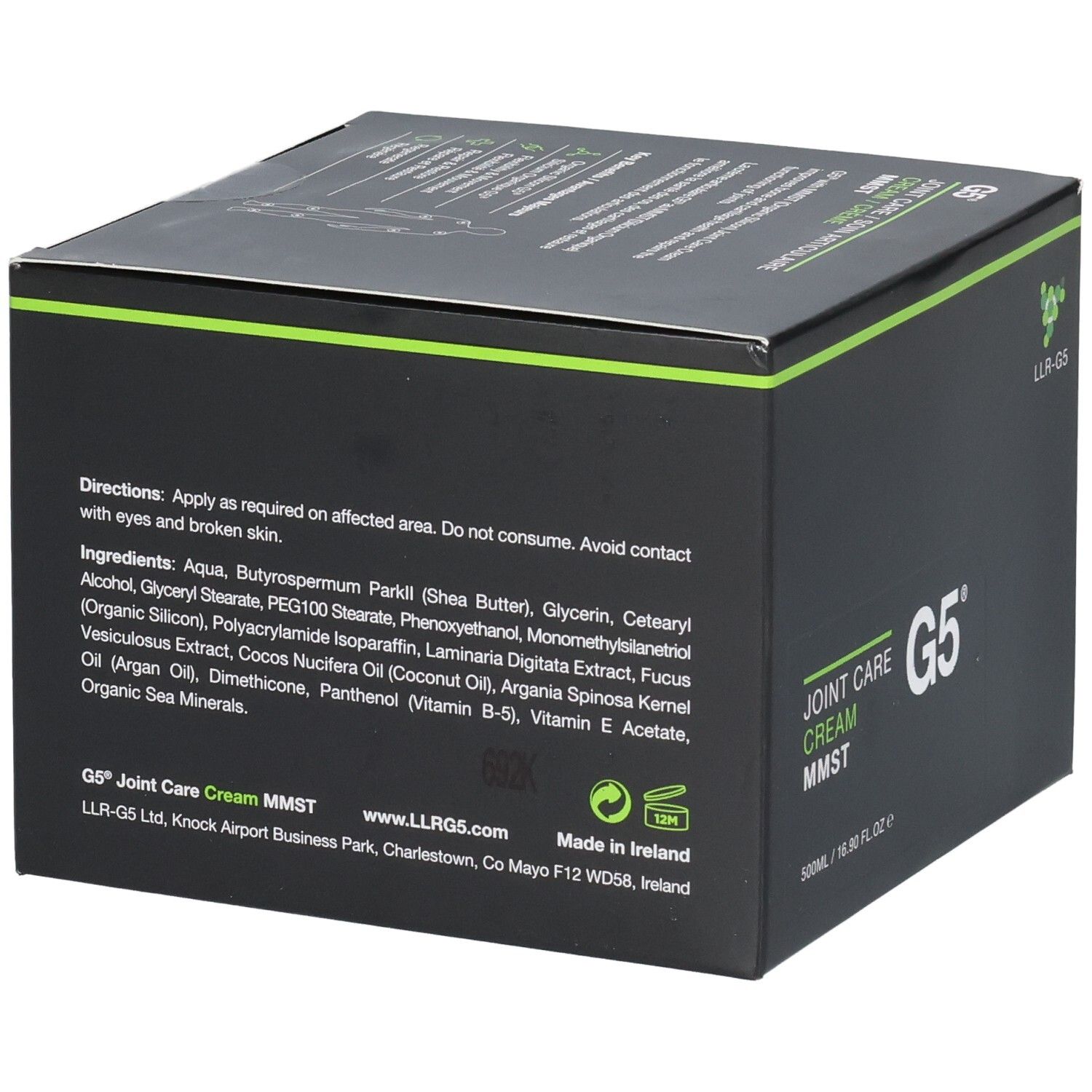 Boîte noire avec accents verts. Liste des ingrédients et instructions d'utilisation. Inscription : JOINT CARE CREAM MMST G5. Made in Ireland.