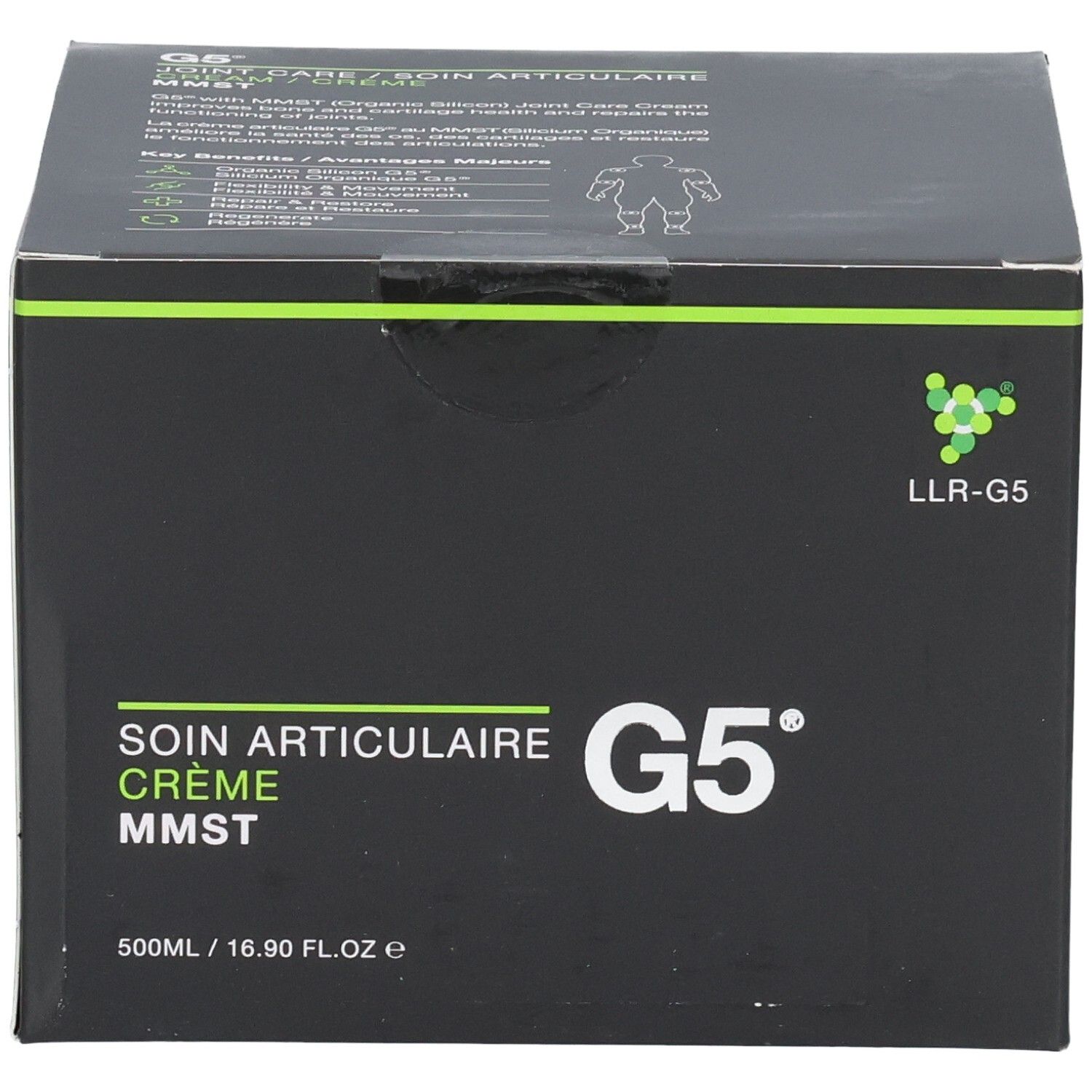 Boîte noire avec accents verts. Inscription : SOIN ARTICULAIRE CRÈME MMST G5. 500ml/16.90 fl.oz e. Logo LLR-G5. Illustration d'une personne.