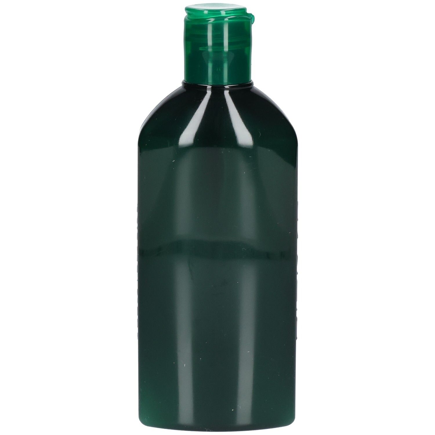 Flacon de shampooing vert avec bouchon vert. Aucune inscription visible.
