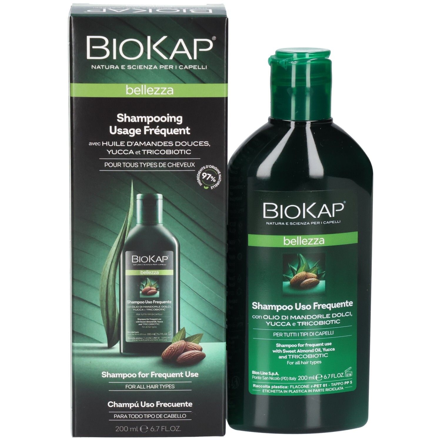 Emballage du produit avec flacon de shampooing. Inscription : BIOKAP, Bellezza, Shampooing Usage Fréquent. Avec huile d'amandes, yucca et TRICOBIOTIC.
