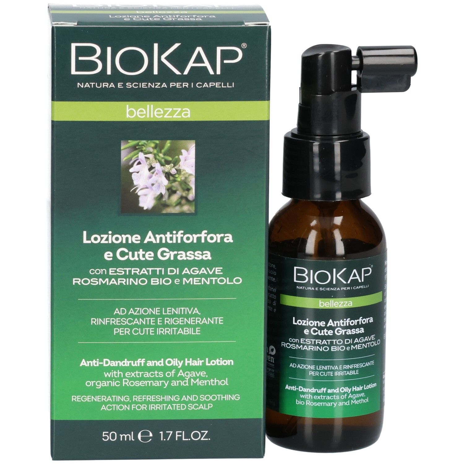 Flacon et boîte du produit. Flacon avec vaporisateur noir. Boîte avec texte et logo BIOKAP. Couleurs vert et blanc.