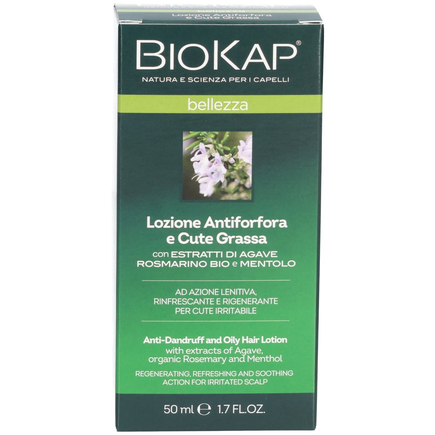Emballage du produit. Boîte avec texte et logo BIOKAP. Couleurs vert et blanc. Illustration de fleurs.