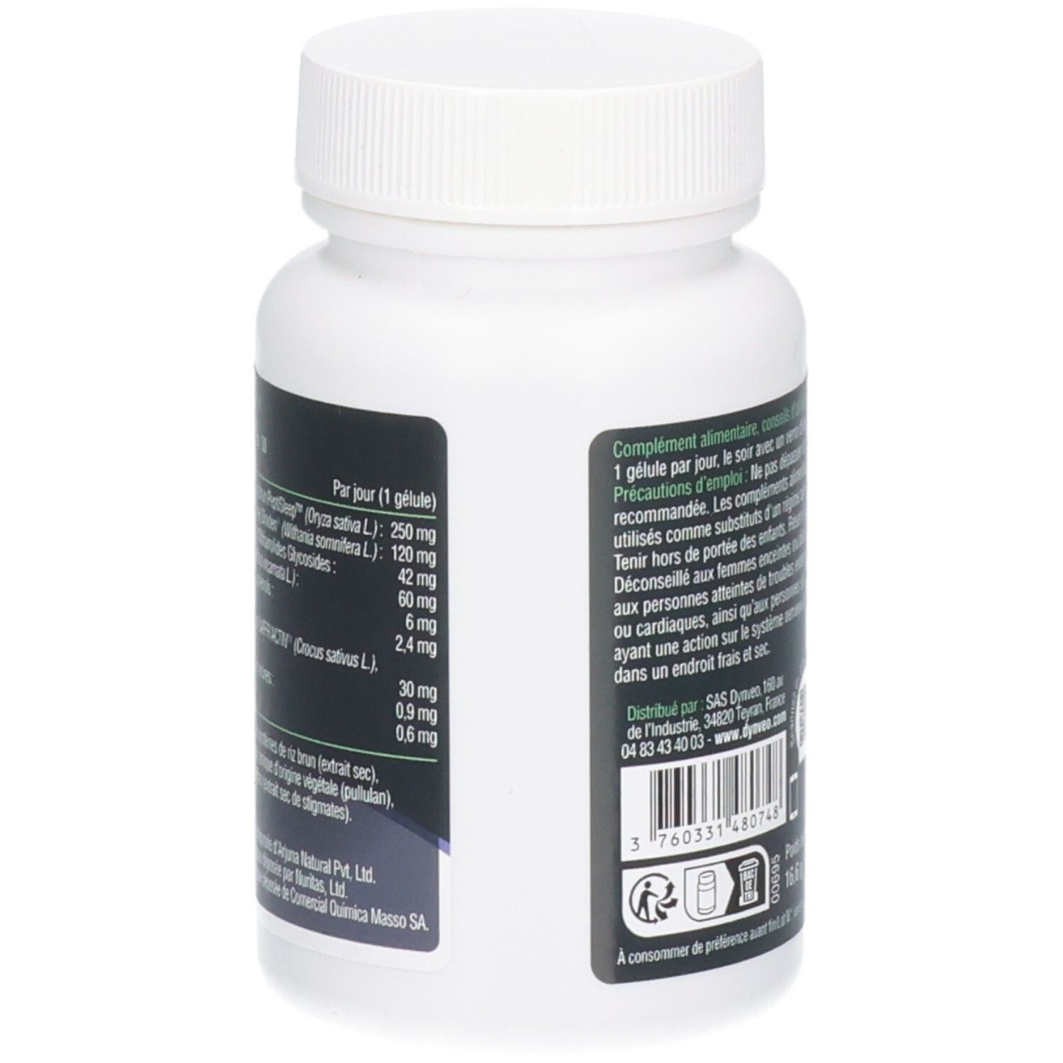 Gros plan sur le flacon blanc. Texte: ingrédients, dosage par gélule. Ingrédients: protéine de riz, ashwagandha, safran.