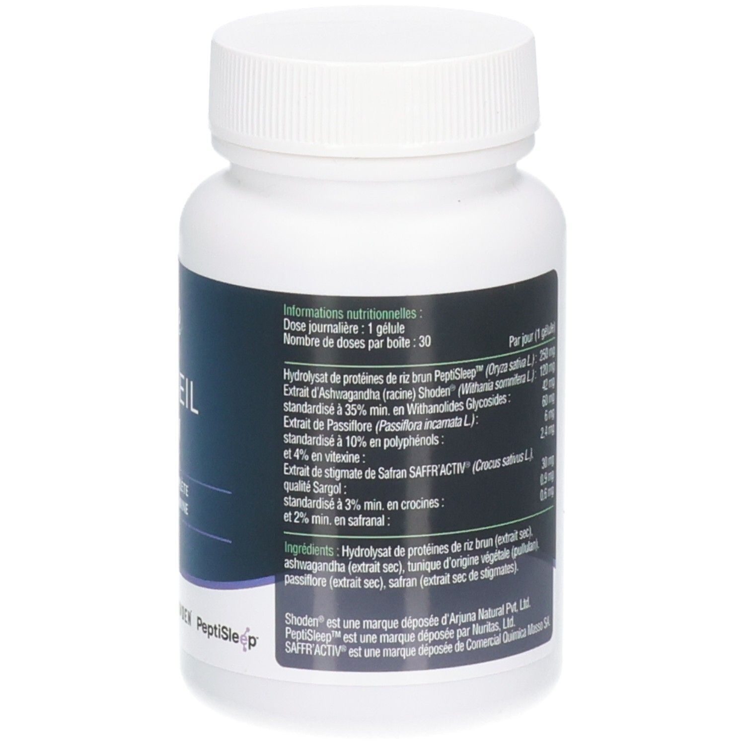 Dos du flacon blanc. Texte: informations nutritionnelles, ingrédients, dosage. Marques: Shoden, PeptiSleep, SAFR'ACTIV.