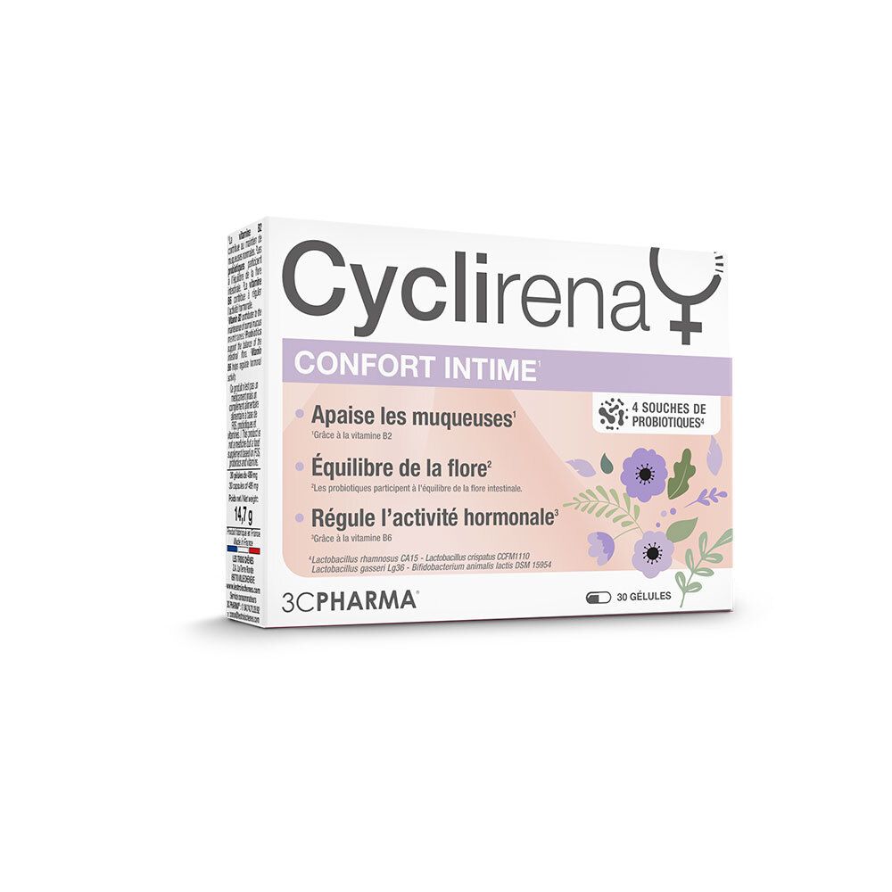 Boîte de 30 gélules 3C Pharma Cyclirena Confort Intime.