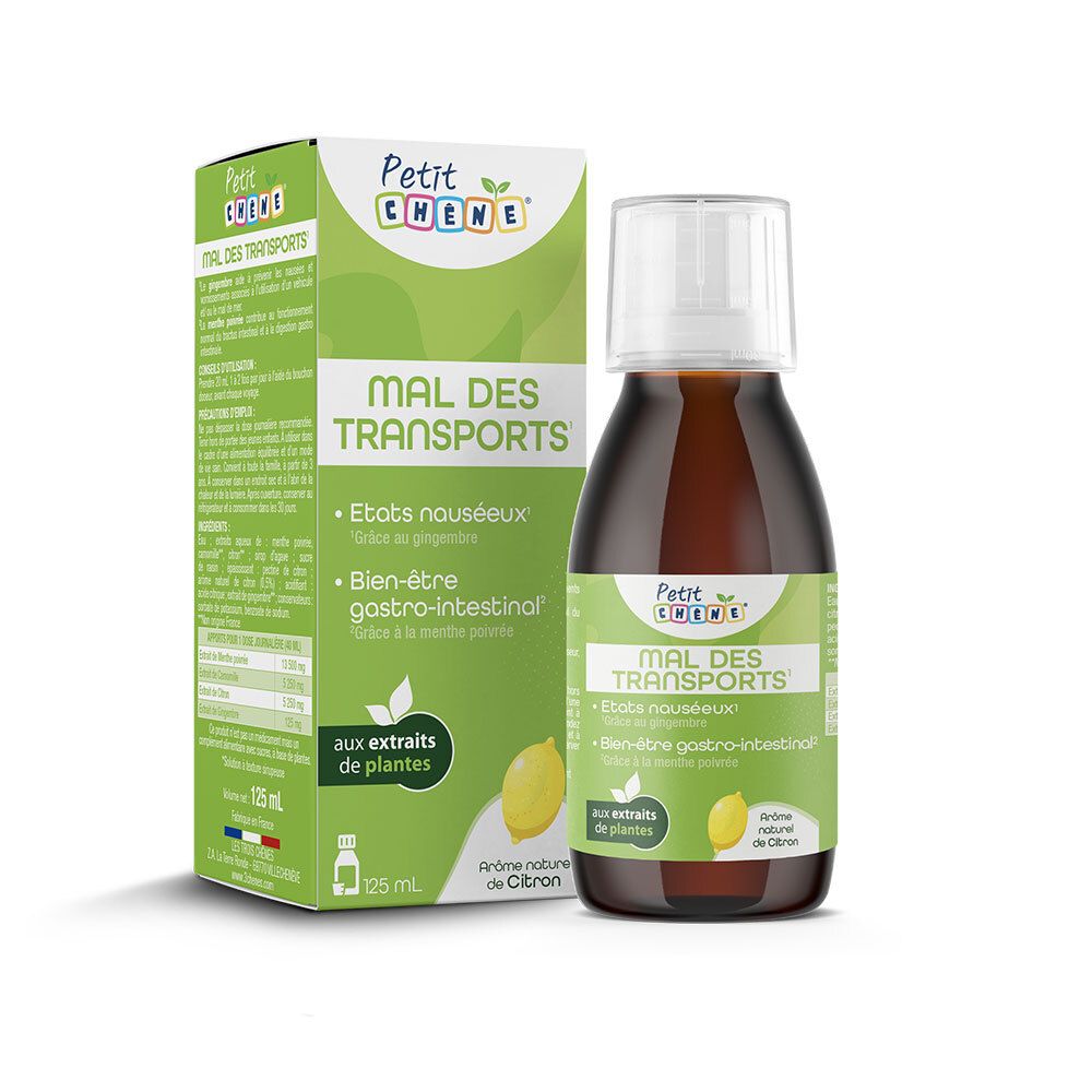 Petit Chêne Mal des Transports Spray: Bouteille et boîte avec motif citron. 25ml.