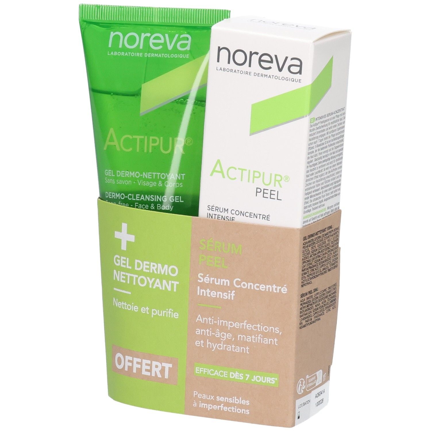 Set Noreva Actipur : gel vert et boîte en carton avec sérum.