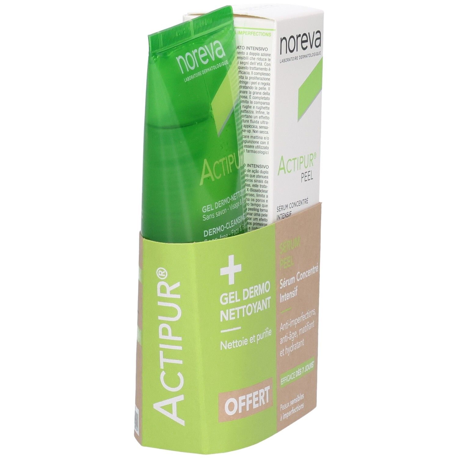 Set Noreva Actipur : gel vert et boîte en carton avec sérum, vue latérale.