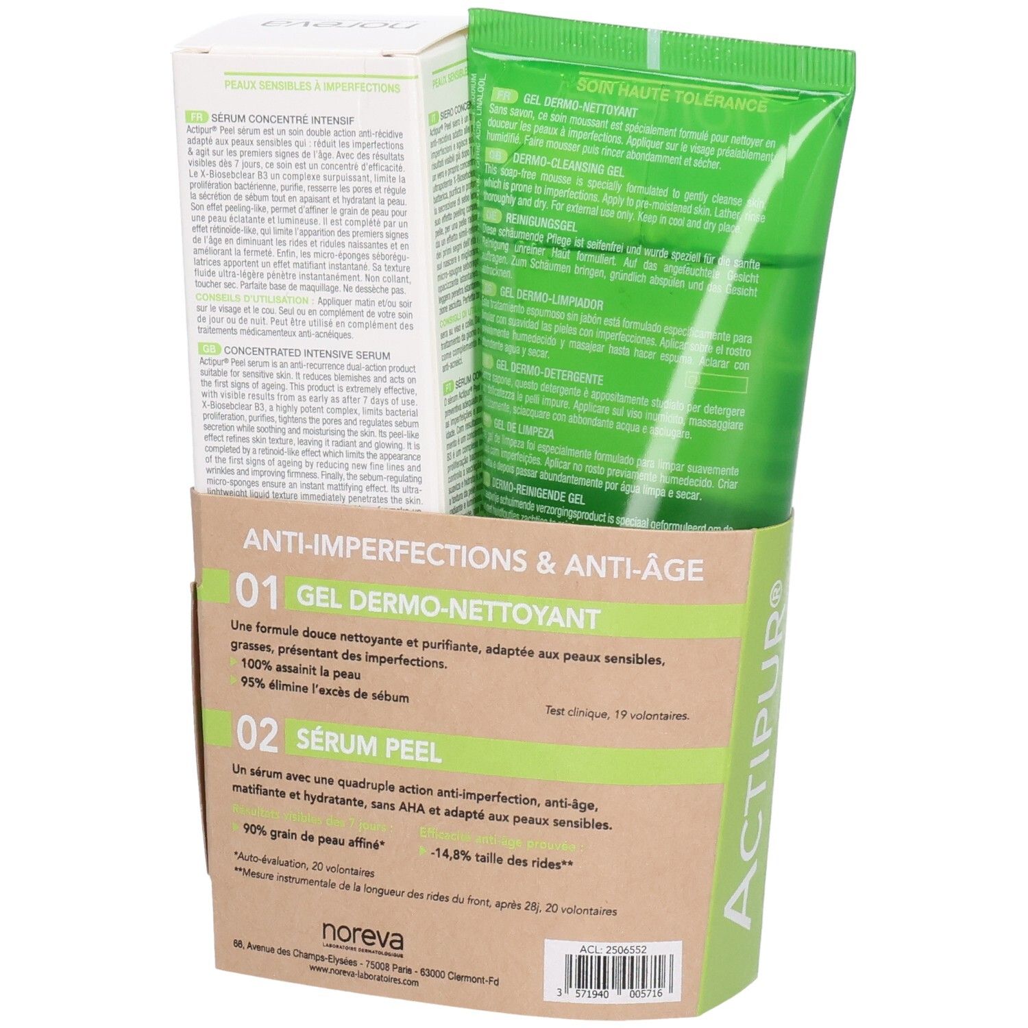 Set Noreva Actipur : arrière de l'emballage avec informations produit.