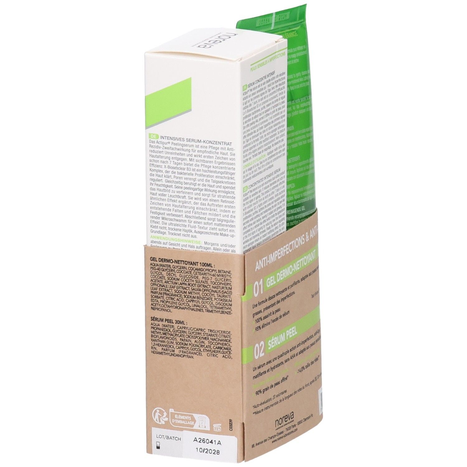 Set Noreva Actipur : vue latérale de l'emballage avec informations produit.
