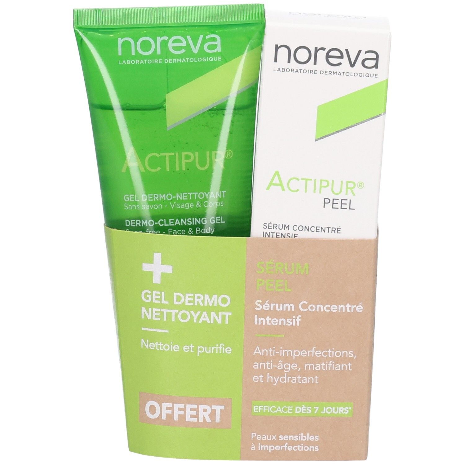 Set Noreva Actipur : gel vert et boîte en carton avec sérum.