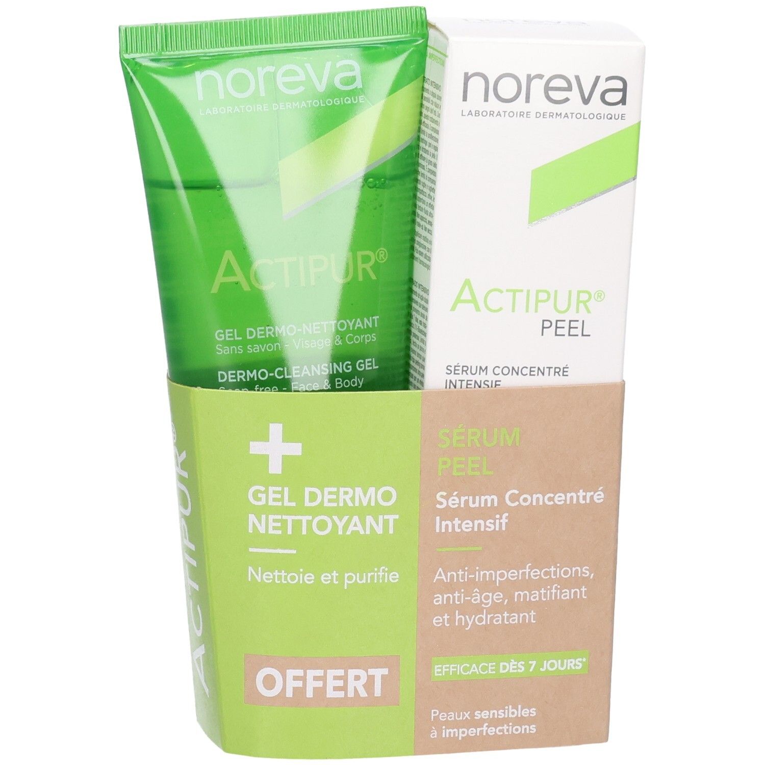 Set Noreva Actipur : gel vert et boîte en carton avec sérum.