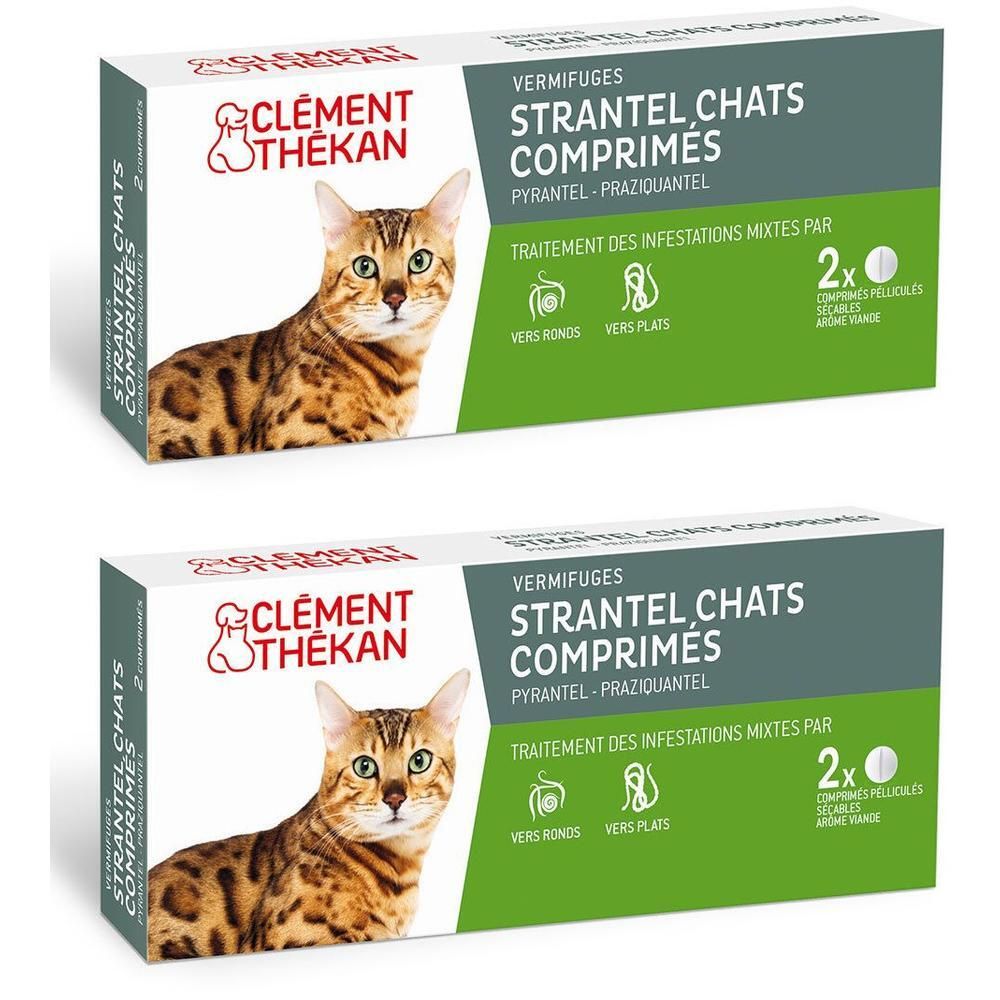 Deux boîtes de Strantel Chats Comprimés. Chaque boîte présente un chat. Texte: Clément Thékan, Vermifuges.