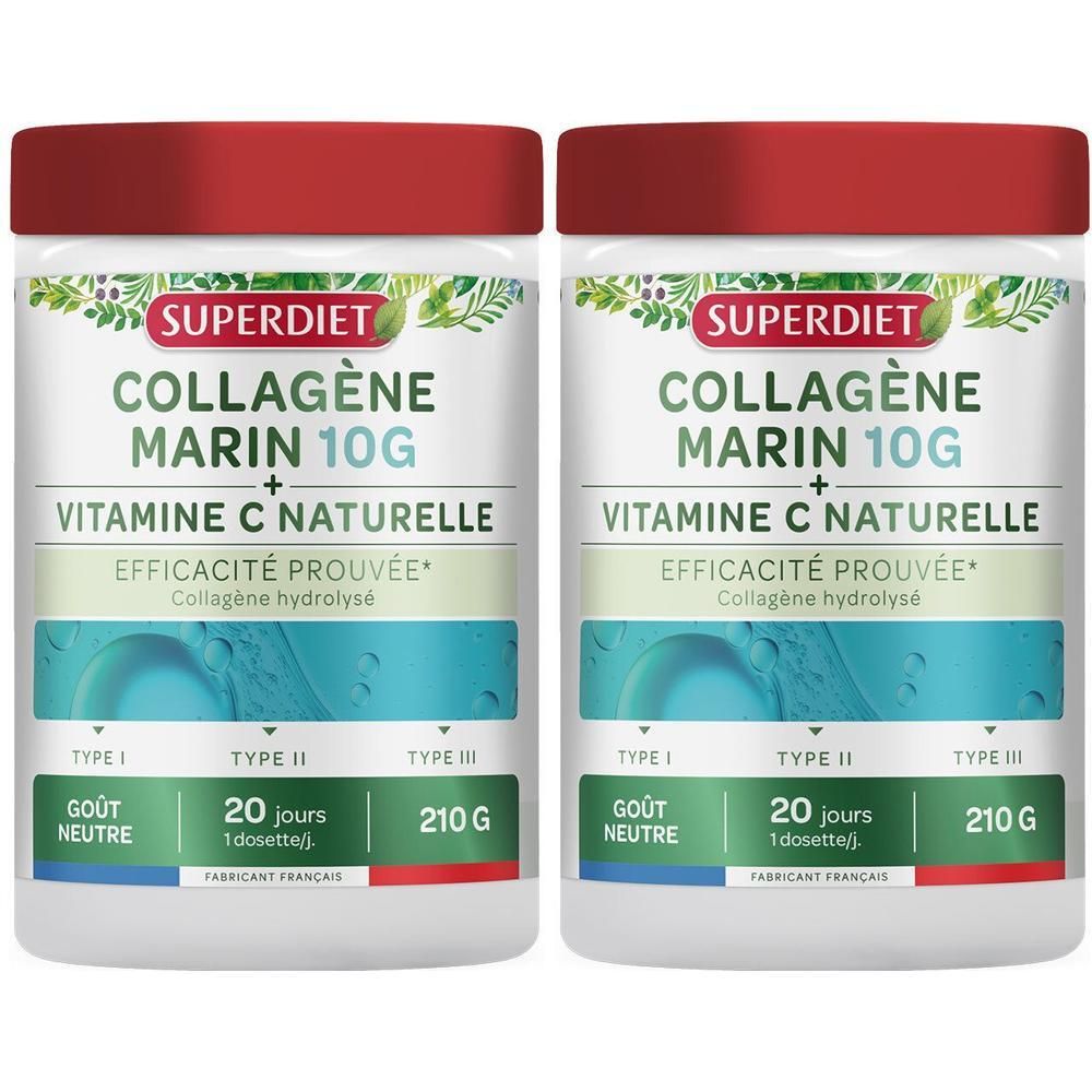 Deux pots blancs avec couvercles rouges. Inscription : SUPERDIET COLLAGÈNE MARIN 10G + VITAMINE C NATURELLE. 210G.
