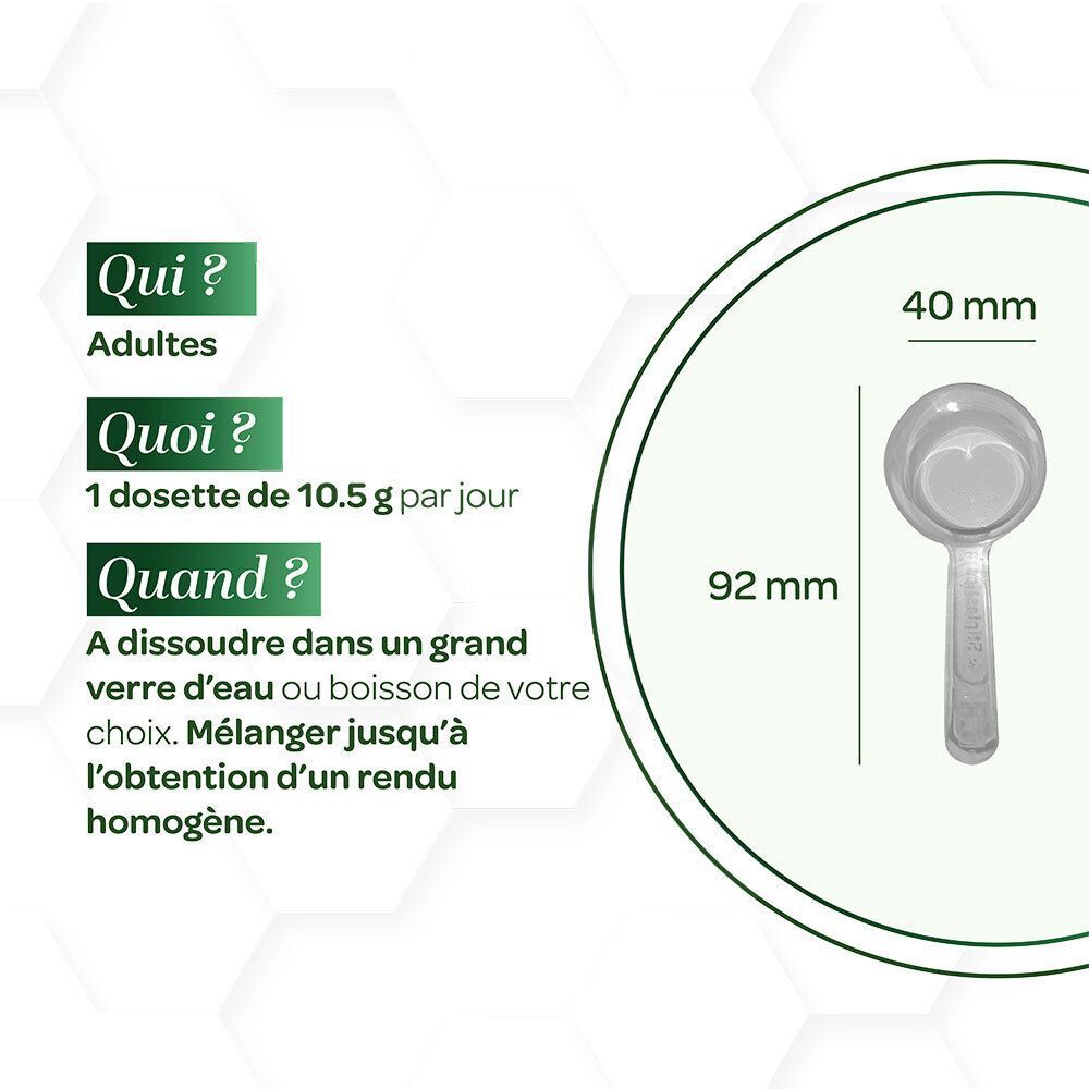 Graphique avec cuillère doseuse. Dimensions : 40x92mm. Texte : Qui ? Adultes. Quoi ? 1 dosette de 10,5 g par jour. Quand ? A dissoudre...