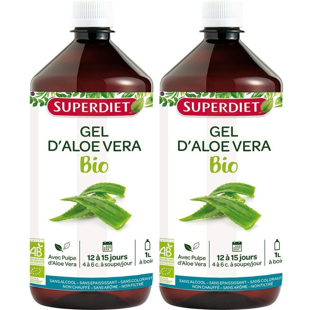 Deux bouteilles de SUPERDIET GEL D'ALOE VERA BIO. Bouteilles marron avec bouchon blanc. Étiquette avec feuilles d'aloe vera.