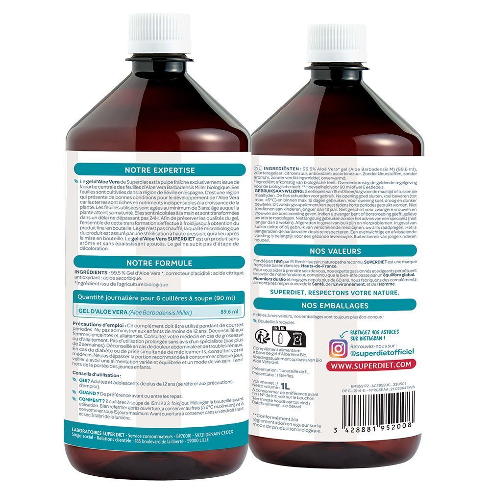 Dos de deux bouteilles de SUPERDIET GEL D'ALOE VERA BIO. Bouteilles marron avec bouchon blanc. Étiquettes avec texte et code-barres.