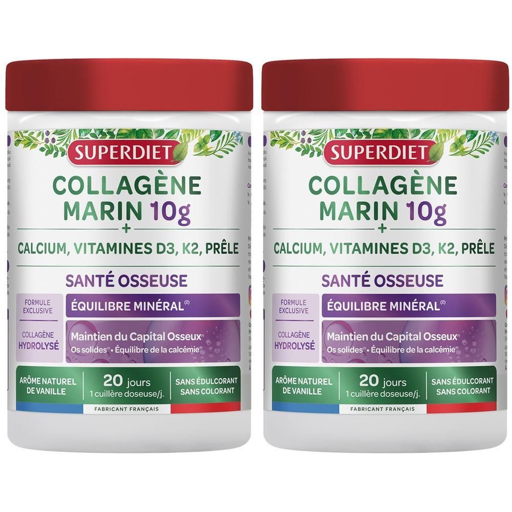 Deux boîtes de SUPERDIET COLLAGÈNE MARIN SANTE OSSEUSE. Boîtes blanches avec couvercles rouges. Texte: COLLAGÈNE MARIN 10g, SANTE OSSEUSE, Calcium, Vitamines D3, K2, Prêle.