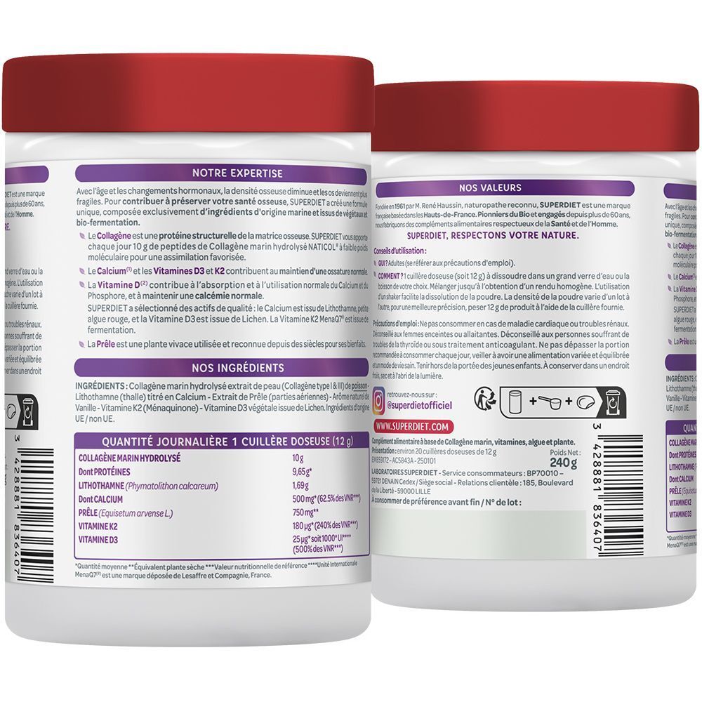 Dos des deux boîtes de SUPERDIET COLLAGÈNE MARIN SANTE OSSEUSE. Texte: ingrédients, informations nutritionnelles, informations fabricant, code QR, adresse du site web.