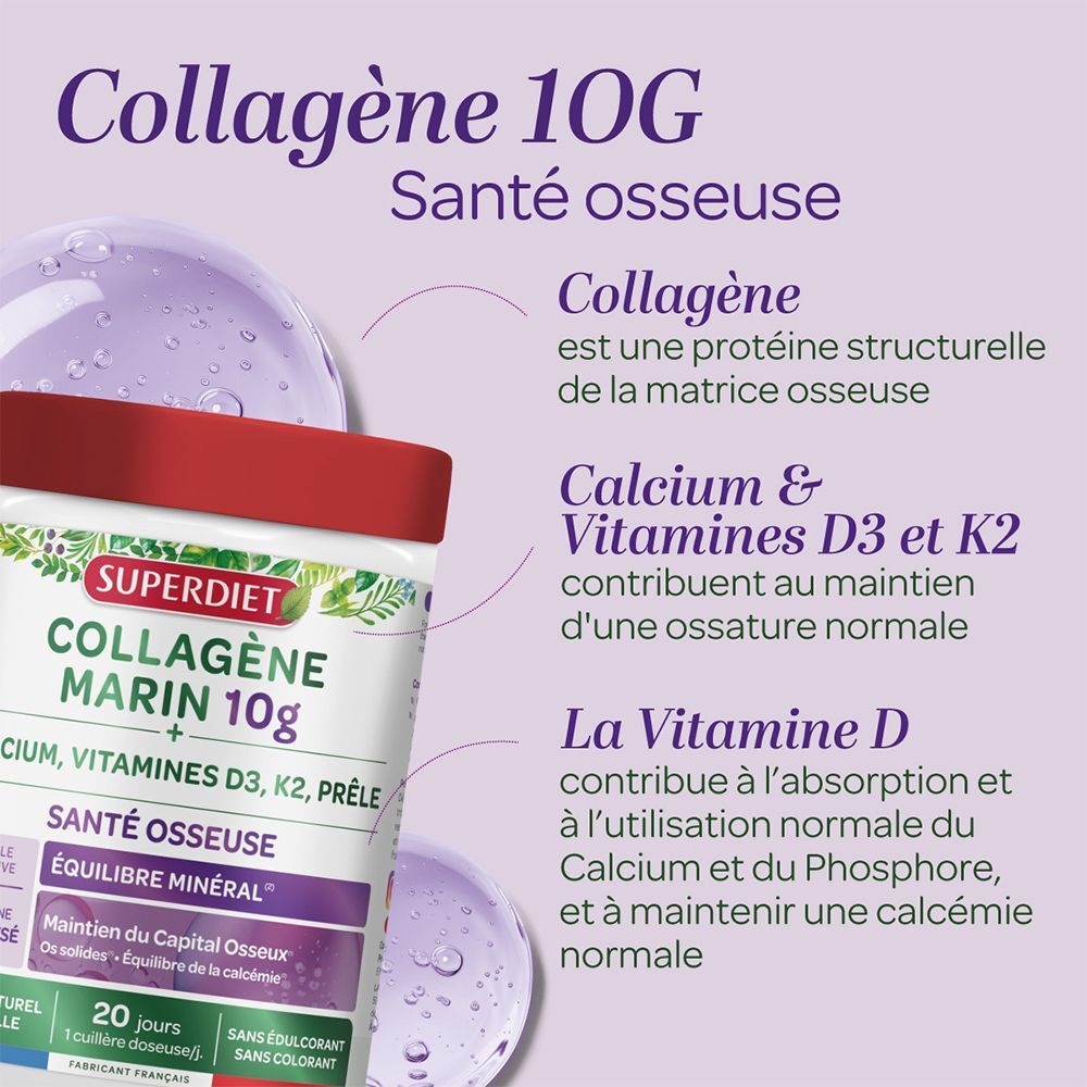 Visuel produit avec texte. SUPERDIET COLLAGÈNE MARIN 10g, SANTE OSSEUSE. Texte: Collagène, Calcium & Vitamines D3 et K2, La Vitamine D.