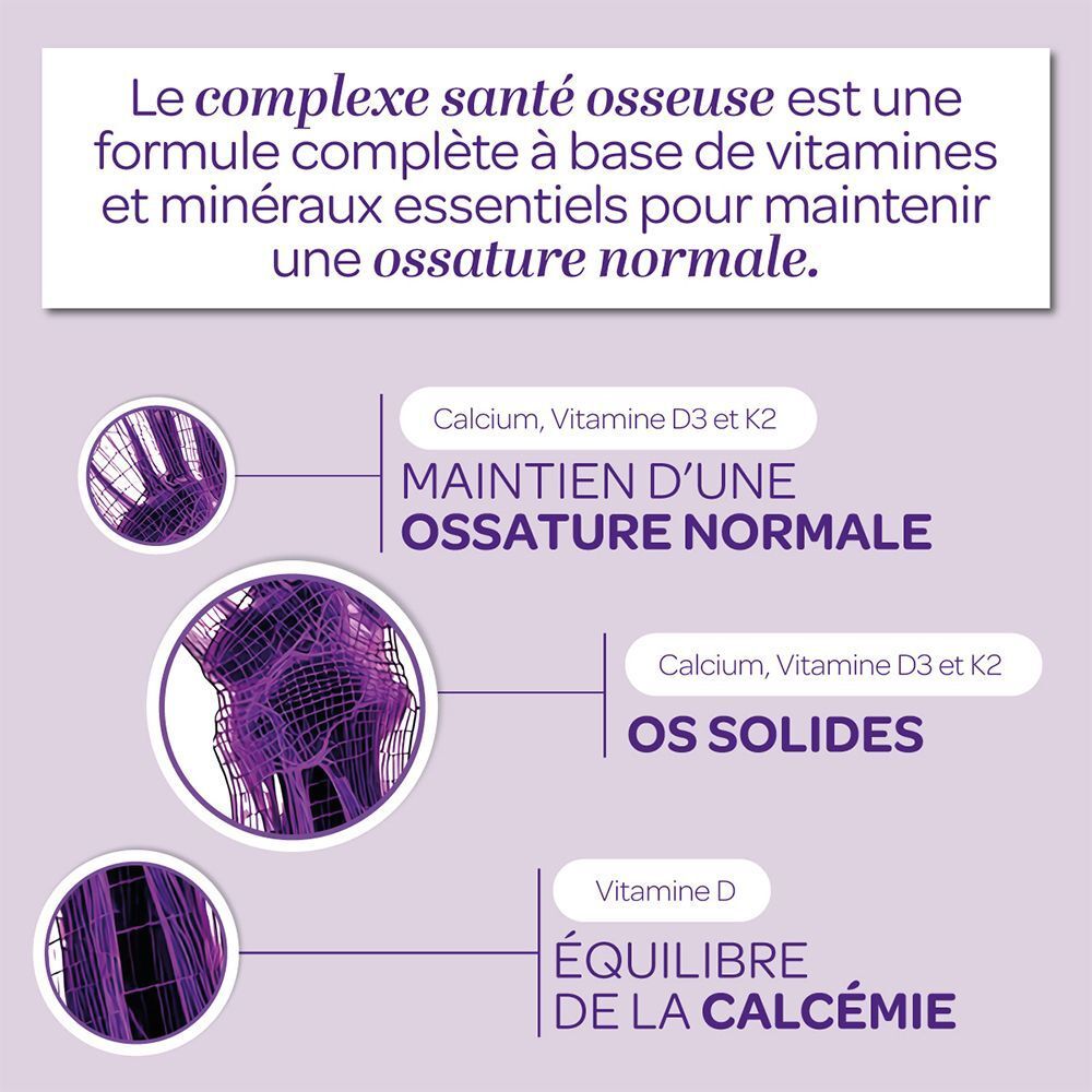 Graphique avec texte. Texte: Le complexe santé osseuse est une formule complète à base de vitamines et minéraux essentiels. Calcium, Vitamine D3 et K2.