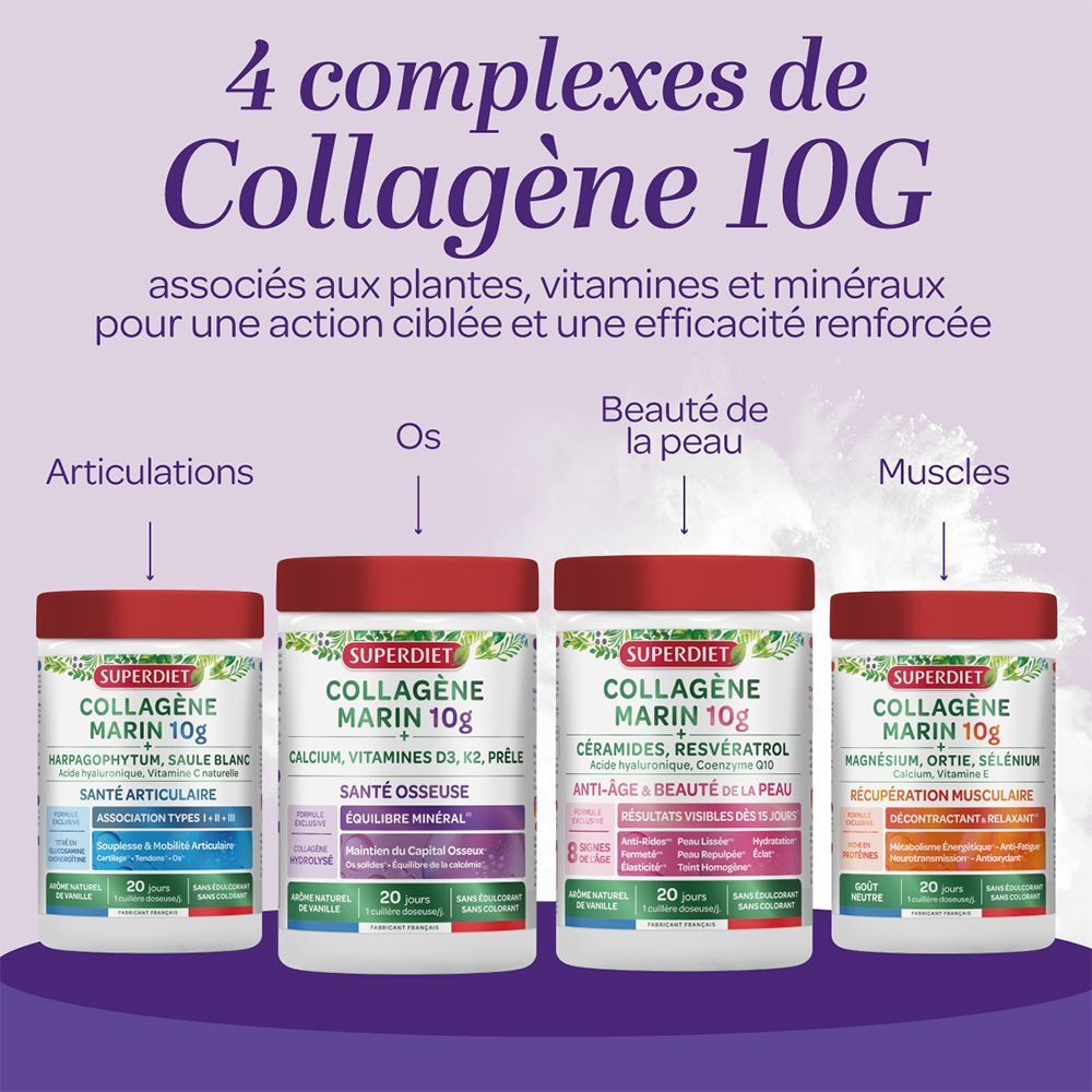 Quatre boîtes de SUPERDIET COLLAGÈNE MARIN. Différentes variantes. Texte: Articulations, Os, Beauté de la peau, Muscles. COLLAGÈNE MARIN 10G.