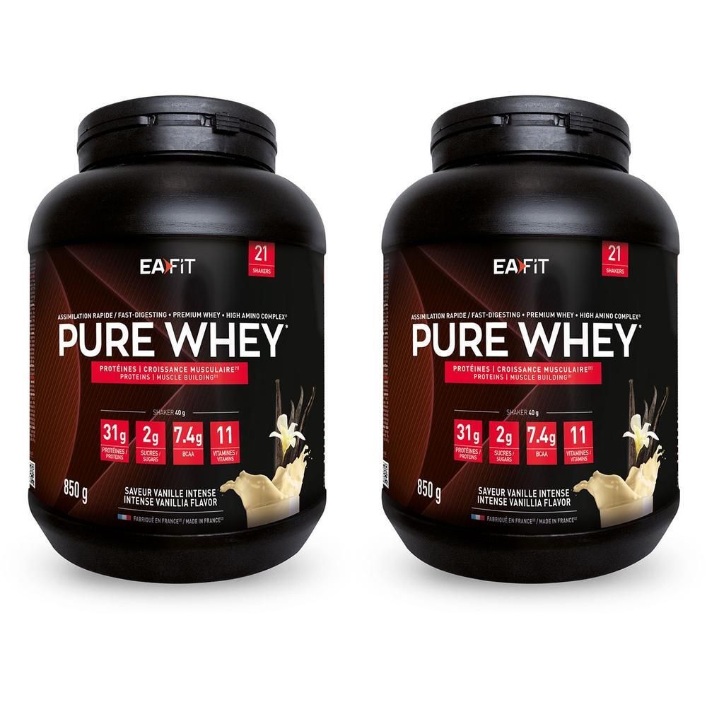 Deux pots noirs EA FIT Pure Whey Vanille 850 g. Inscription: Pure Whey, protéines, développement musculaire, 31g, 2g, 7.4g, 11.