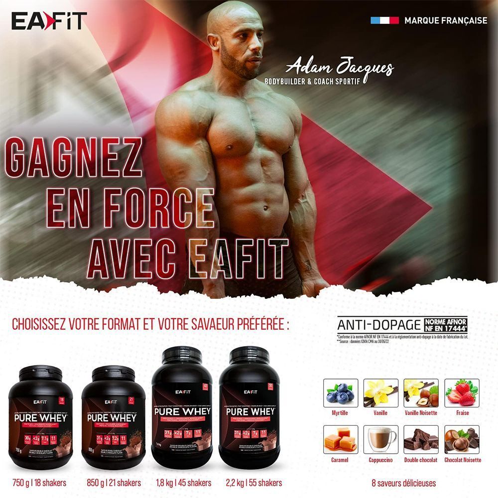 Homme en tenue de fitness. En bas, trois pots: Pure Whey. Sélection de saveurs: Myrtille, Vanille, Noisette, Fraise.