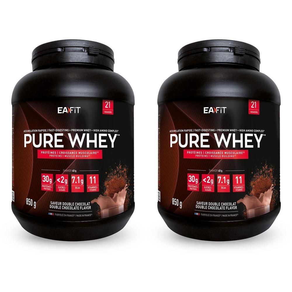 Deux pots noirs avec couvercles. Inscription: EA FIT Pure Whey, 850 g, Double Chocolat. Étiquettes rouges avec informations nutritionnelles.
