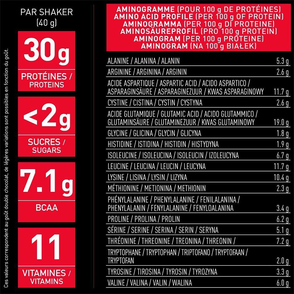 Tableau nutritionnel. Informations par portion (40g): protéines, sucres, BCAA, vitamines. Profil des acides aminés.