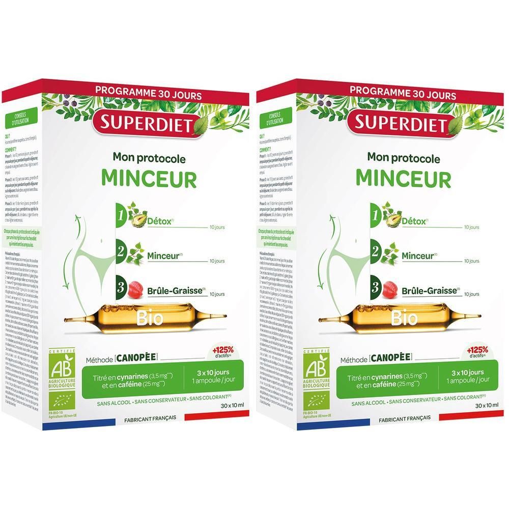 Deux boîtes Superdiet Mon Protocole Minceur, chacune contenant 30 ampoules.