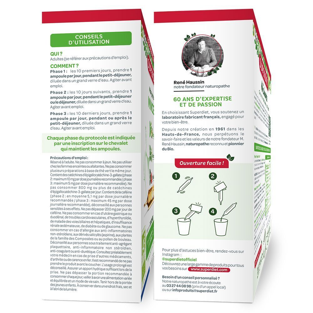 Côté d'une boîte Superdiet Mon Protocole Minceur avec instructions d'utilisation et informations sur le fondateur.