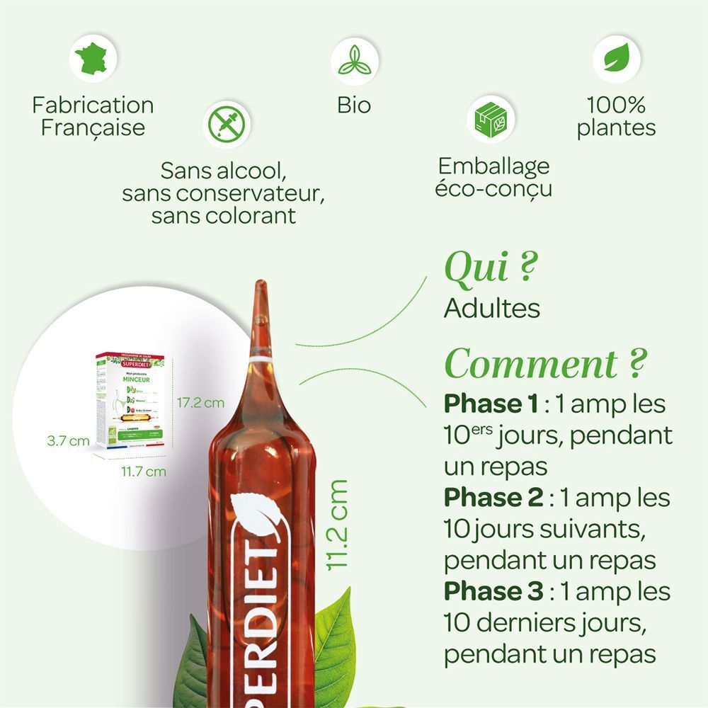 Une ampoule Superdiet Mon Protocole Minceur avec ses dimensions et instructions d'utilisation.
