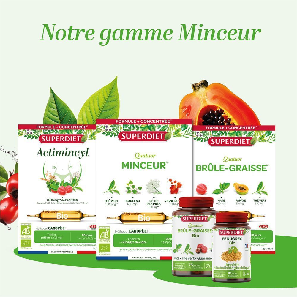Trois boîtes Superdiet : Actimincyl, Minceur et Brûle-Graisse, et deux flacons.
