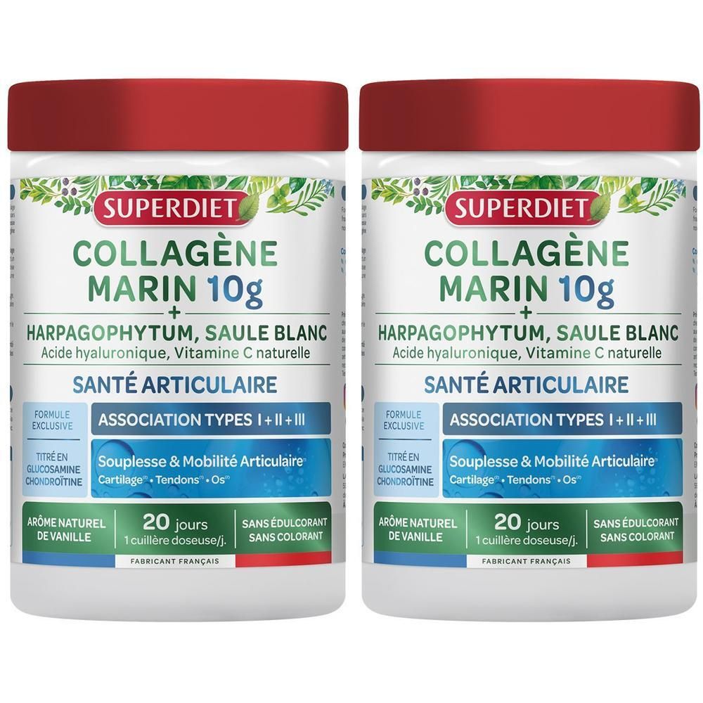 Deux pots de Superdiet Collagène Marin 10g pour la santé articulaire, avec Harpagophytum et Saule Blanc.