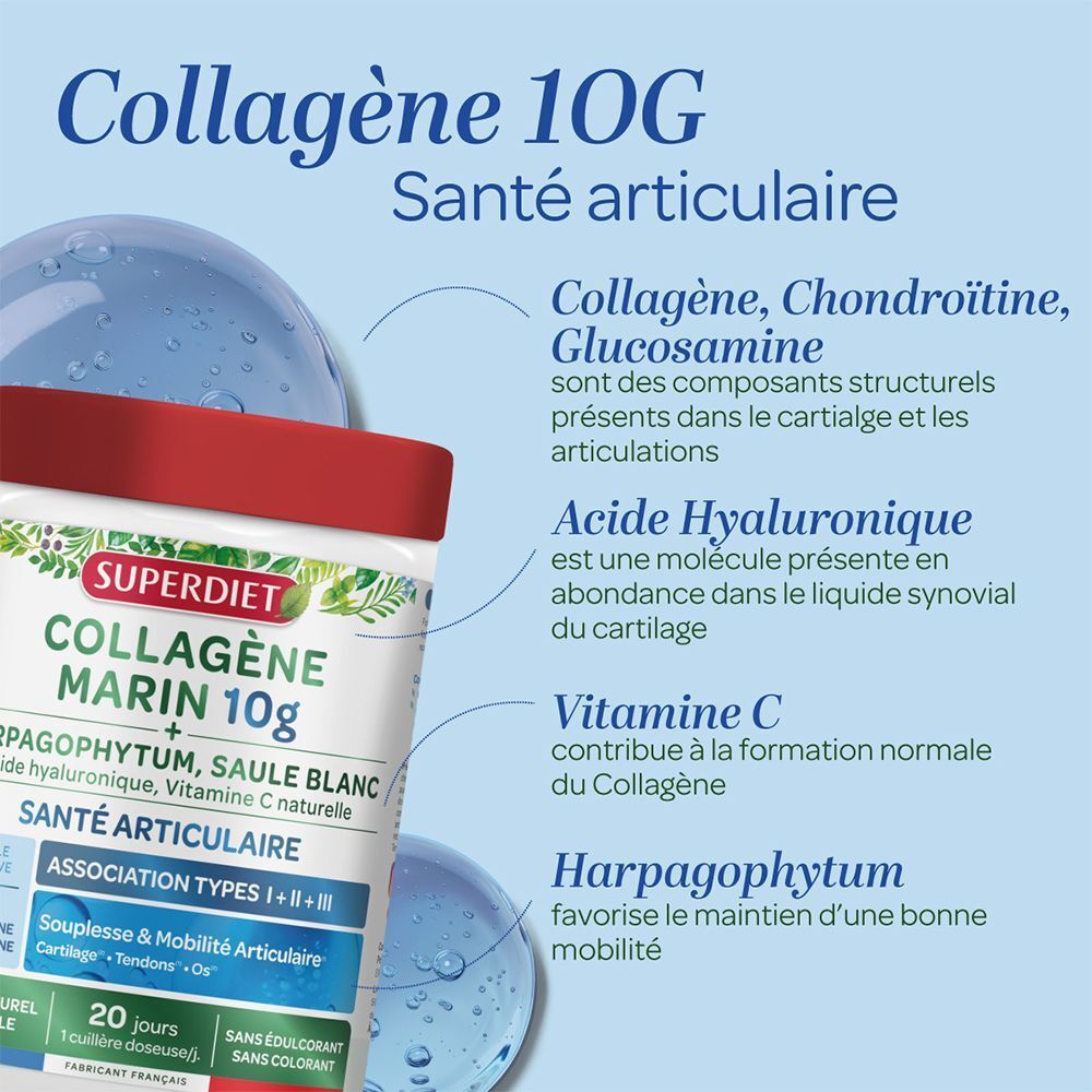 Gros plan d'un pot Superdiet Collagène Marin 10g, expliquant le collagène, la glucosamine et la vitamine C.