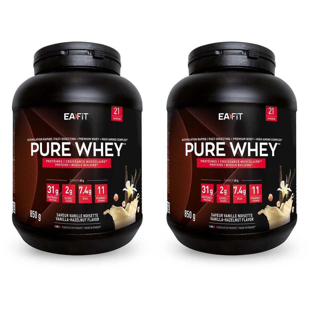 Deux pots noirs EA FIT Pure Whey Vanille/Noisette 850 g. Inscription : 31g protéines, 2g sucres, 7.4g BCAA, 11 vitamines.