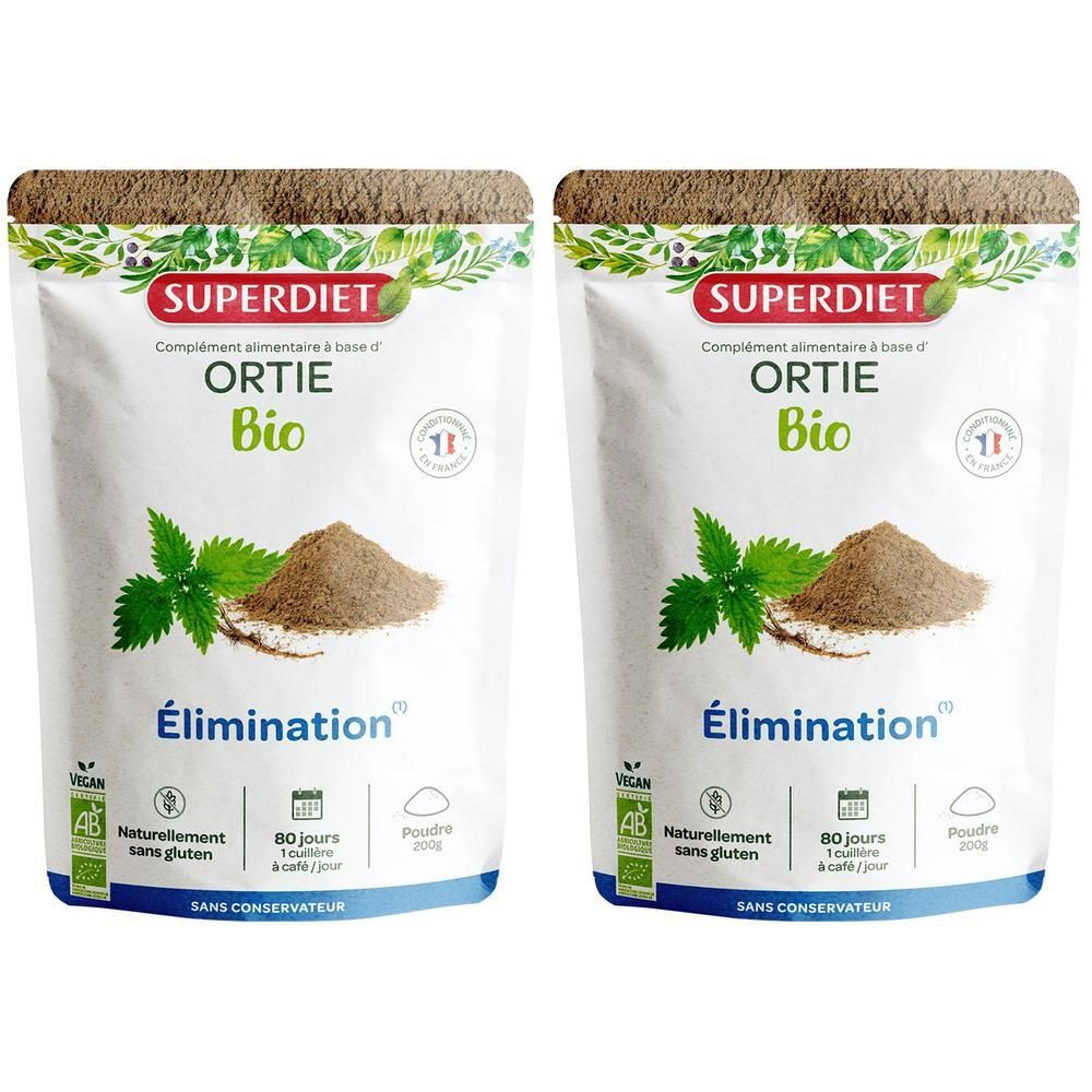 Deux sachets de poudre d'Ortie Bio SUPERDIET Élimination. Avec feuilles et poudre d'ortie.