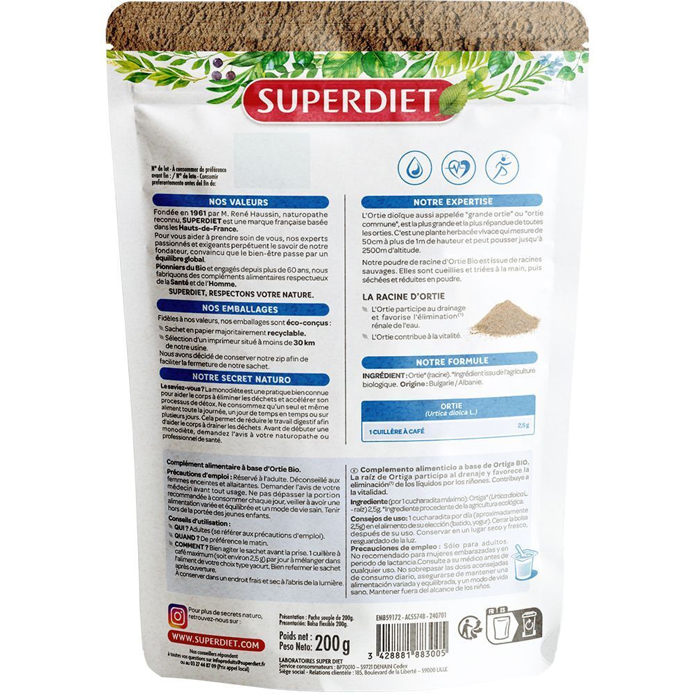 Dos d'un sachet de poudre d'Ortie Bio SUPERDIET. Contient des informations sur les valeurs, l'expertise et les ingrédients.