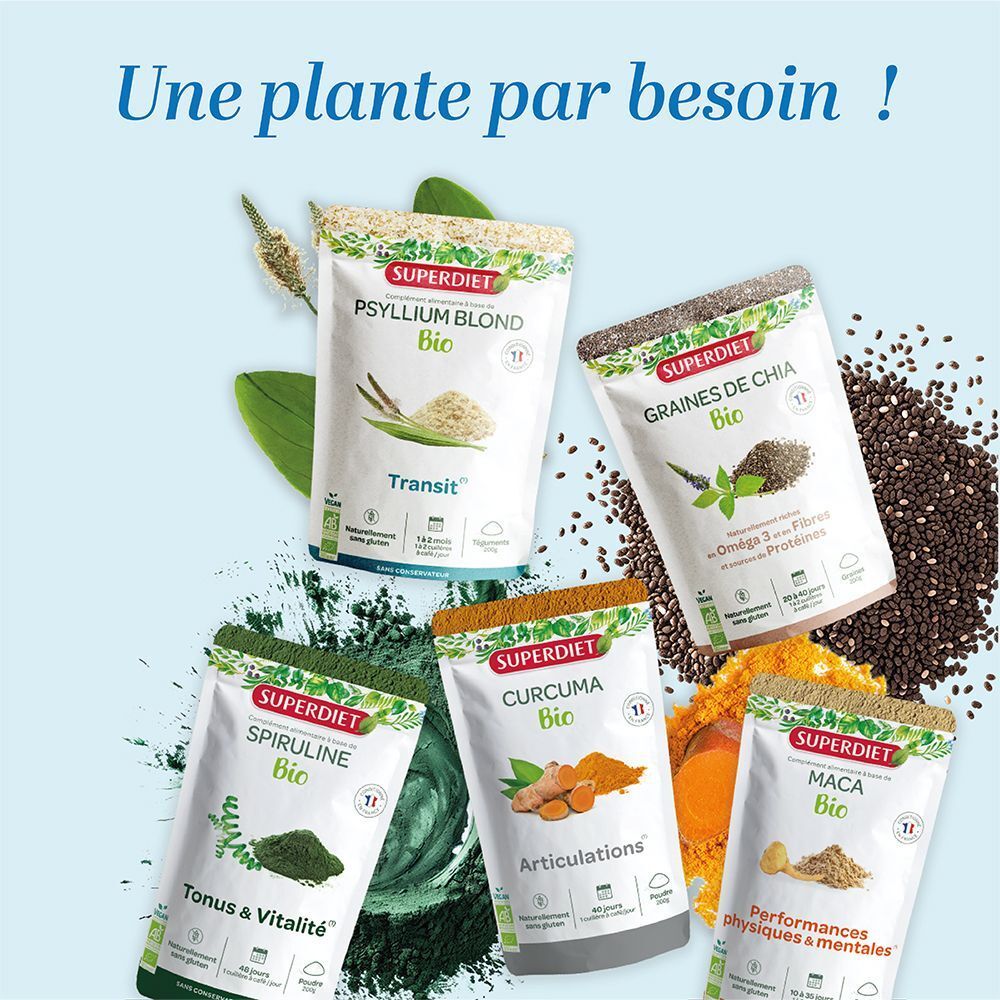 Six sachets différents de poudres Bio SUPERDIET : Psyllium, Chia, Spiruline, Curcuma, Maca et Ortie.