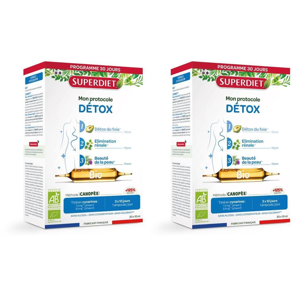 Deux boîtes SUPERDIET PROTOCOL DETOX BIO AMP30 x2. Emballage rouge et blanc avec informations et logo du produit.