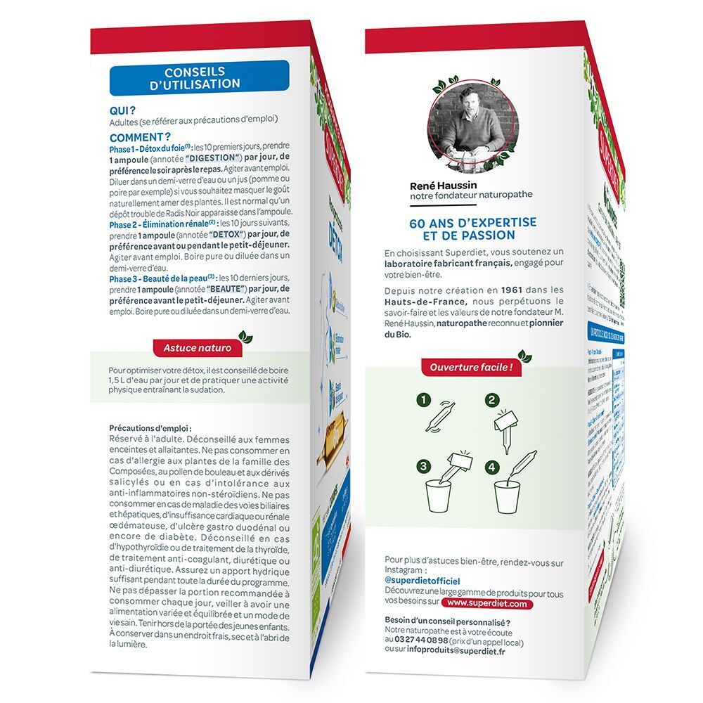 Côtés de l'emballage SUPERDIET PROTOCOL DETOX BIO AMP30 x2. Conseils d'utilisation, avertissements et informations.