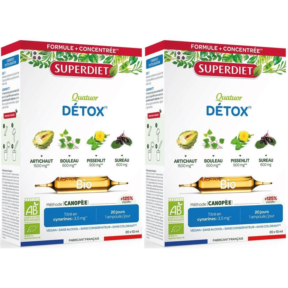Deux boîtes Superdiet Quatuor Détox. Emballage blanc avec nom du produit, ingrédients et label Bio. 20 ampoules.