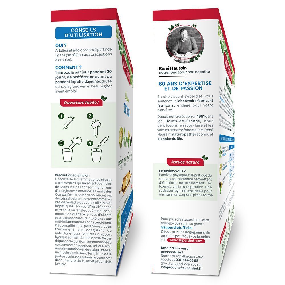 Vue latérale de l'emballage Superdiet Quatuor Détox. Informations d'utilisation et fabricant. Avec label Bio.